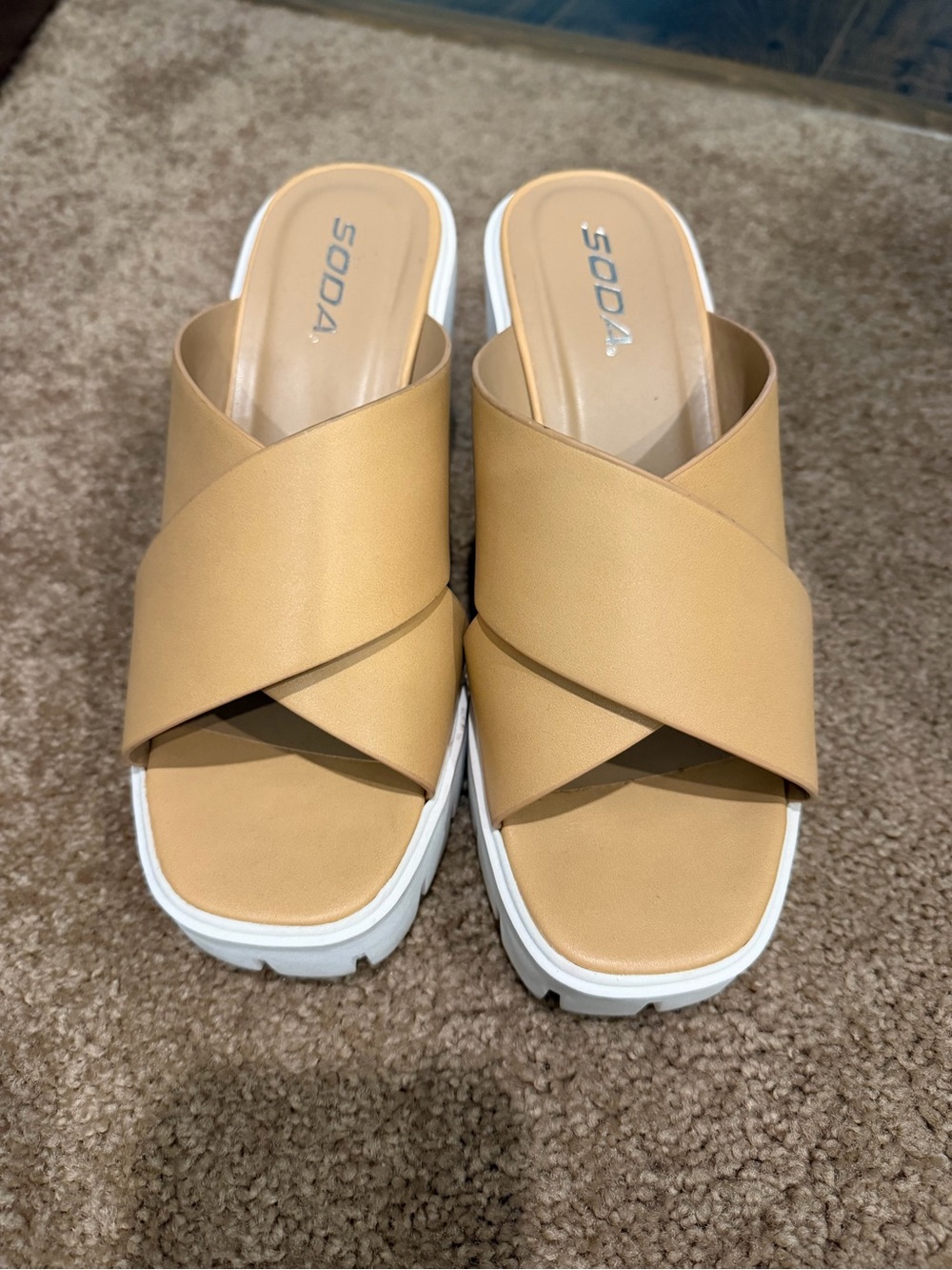 Soda Tan Crossband Platform Slide Mules with White Sole
